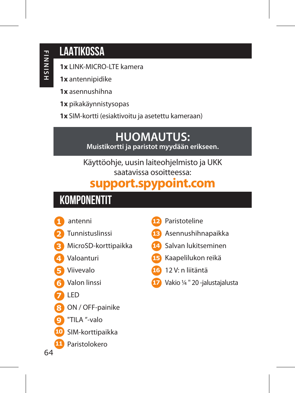 Laatikossa huomautus, Komponentit | SPYPOINT LINK-MICRO-LTE-V Cellular Trail Camera (Verizon Data Plan) User Manual | Page 64 / 92