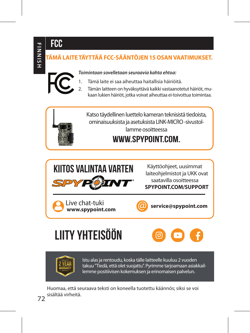 Liity yhteisöön, Fcc kiitos valintaa varten | SPYPOINT LINK-MICRO-LTE-V Cellular Trail Camera (Verizon Data Plan) User Manual | Page 72 / 92