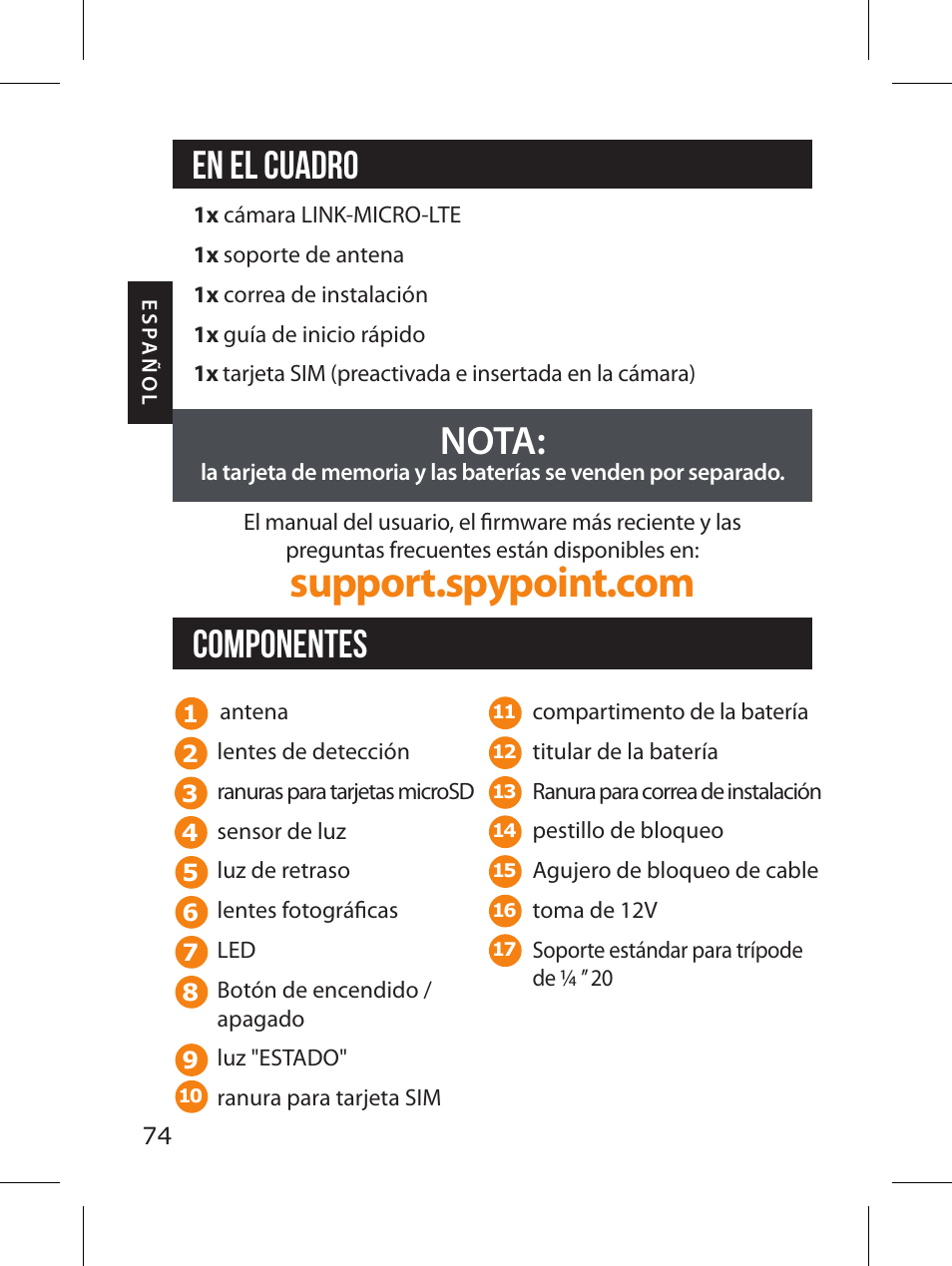 En el cuadro nota, Componentes | SPYPOINT LINK-MICRO-LTE-V Cellular Trail Camera (Verizon Data Plan) User Manual | Page 74 / 92