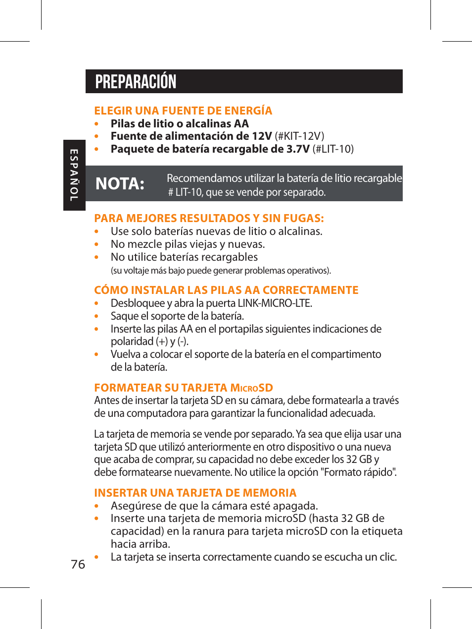 Preparación, Nota | SPYPOINT LINK-MICRO-LTE-V Cellular Trail Camera (Verizon Data Plan) User Manual | Page 76 / 92