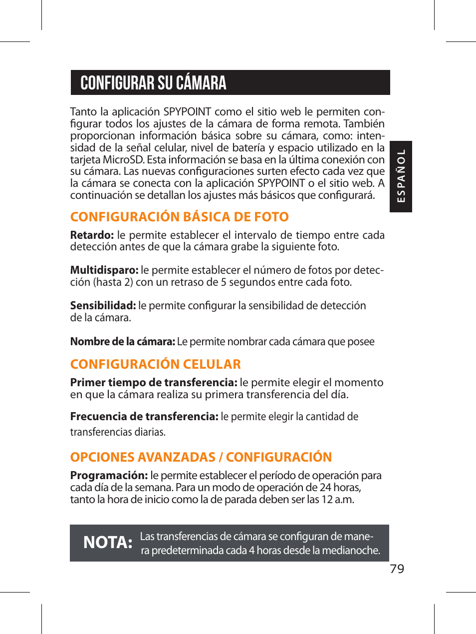 Configurar su cámara, Nota | SPYPOINT LINK-MICRO-LTE-V Cellular Trail Camera (Verizon Data Plan) User Manual | Page 79 / 92