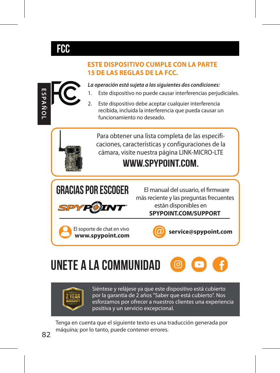 Unete a la communidad, Fcc gracias por escoger | SPYPOINT LINK-MICRO-LTE-V Cellular Trail Camera (Verizon Data Plan) User Manual | Page 82 / 92