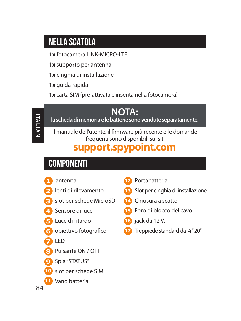 Nella scatola nota, Componenti | SPYPOINT LINK-MICRO-LTE-V Cellular Trail Camera (Verizon Data Plan) User Manual | Page 84 / 92