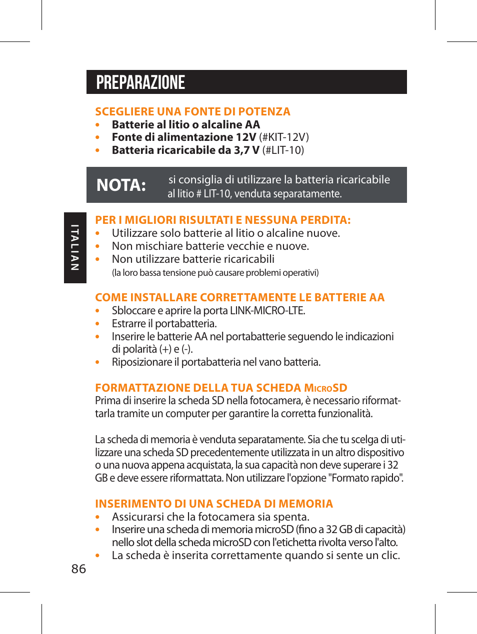 Preparazione, Nota | SPYPOINT LINK-MICRO-LTE-V Cellular Trail Camera (Verizon Data Plan) User Manual | Page 86 / 92