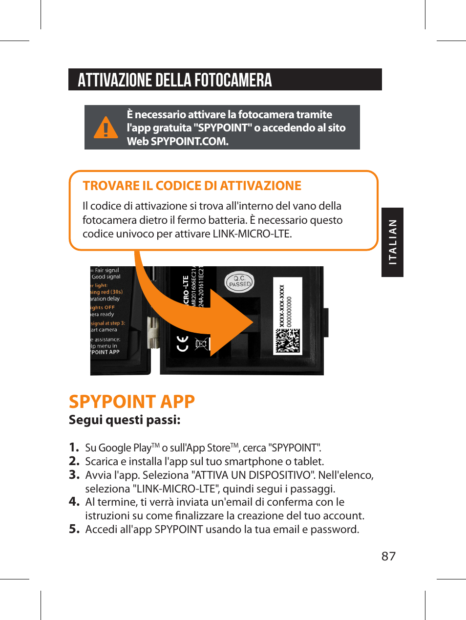 Spypoint app, Attivazione della fotocamera | SPYPOINT LINK-MICRO-LTE-V Cellular Trail Camera (Verizon Data Plan) User Manual | Page 87 / 92