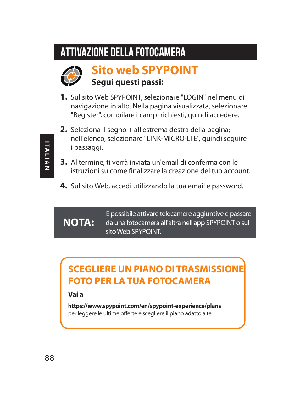 Sito web spypoint, Attivazione della fotocamera, Nota | SPYPOINT LINK-MICRO-LTE-V Cellular Trail Camera (Verizon Data Plan) User Manual | Page 88 / 92