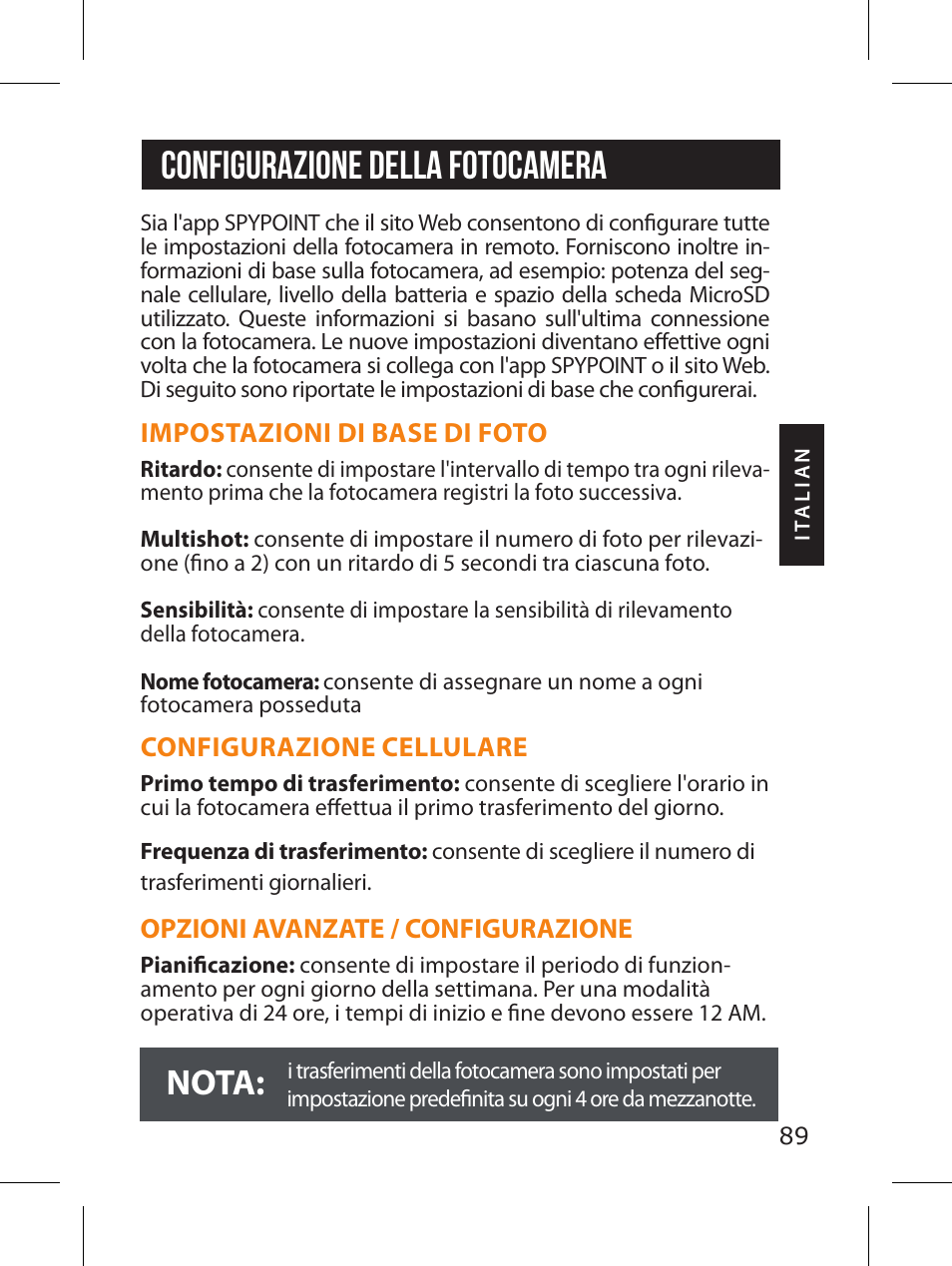 Configurazione della fotocamera, Nota | SPYPOINT LINK-MICRO-LTE-V Cellular Trail Camera (Verizon Data Plan) User Manual | Page 89 / 92