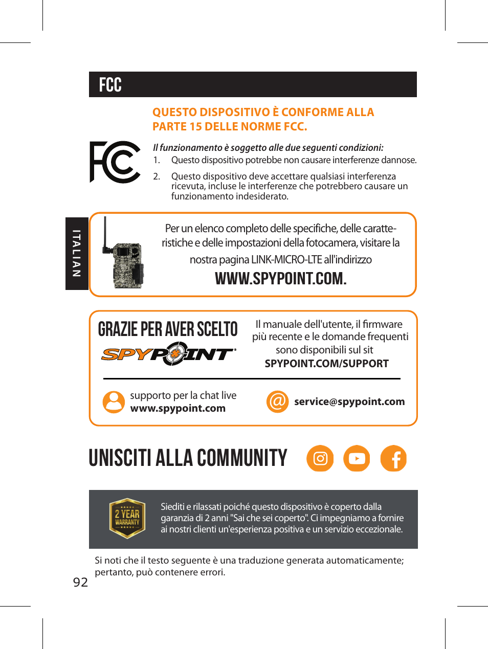 Unisciti alla community, Fcc grazie per aver scelto | SPYPOINT LINK-MICRO-LTE-V Cellular Trail Camera (Verizon Data Plan) User Manual | Page 92 / 92