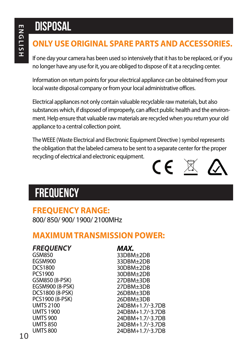 Disposal frequency, Only use original spare parts and accessories, Frequency range | Maximum transmission power | SPYPOINT LINK-MICRO-S-LTE Cellular Trail Camera (AT&T Data Plan) User Manual | Page 10 / 12