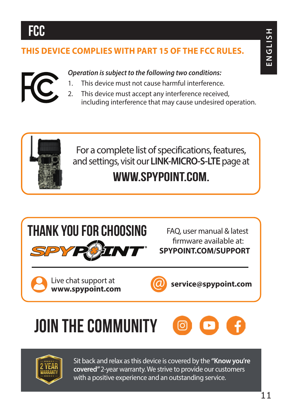 Join the community | SPYPOINT LINK-MICRO-S-LTE Cellular Trail Camera (AT&T Data Plan) User Manual | Page 11 / 12
