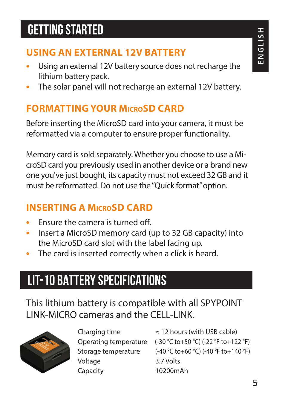 Getting started lit-10 battery specifications | SPYPOINT LINK-MICRO-S-LTE Cellular Trail Camera (AT&T Data Plan) User Manual | Page 5 / 12