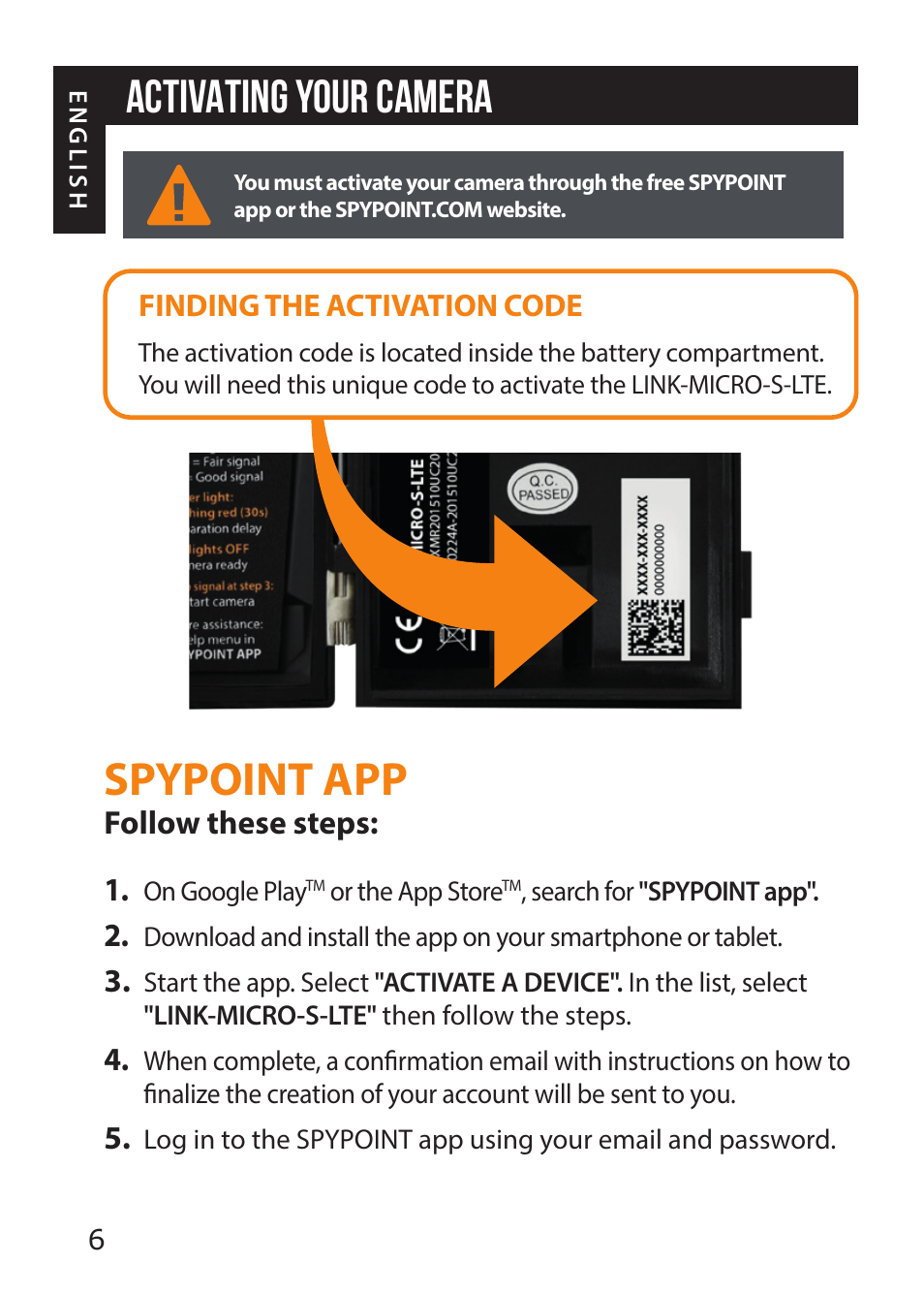 Spypoint app, Activating your camera | SPYPOINT LINK-MICRO-S-LTE Cellular Trail Camera (AT&T Data Plan) User Manual | Page 6 / 12