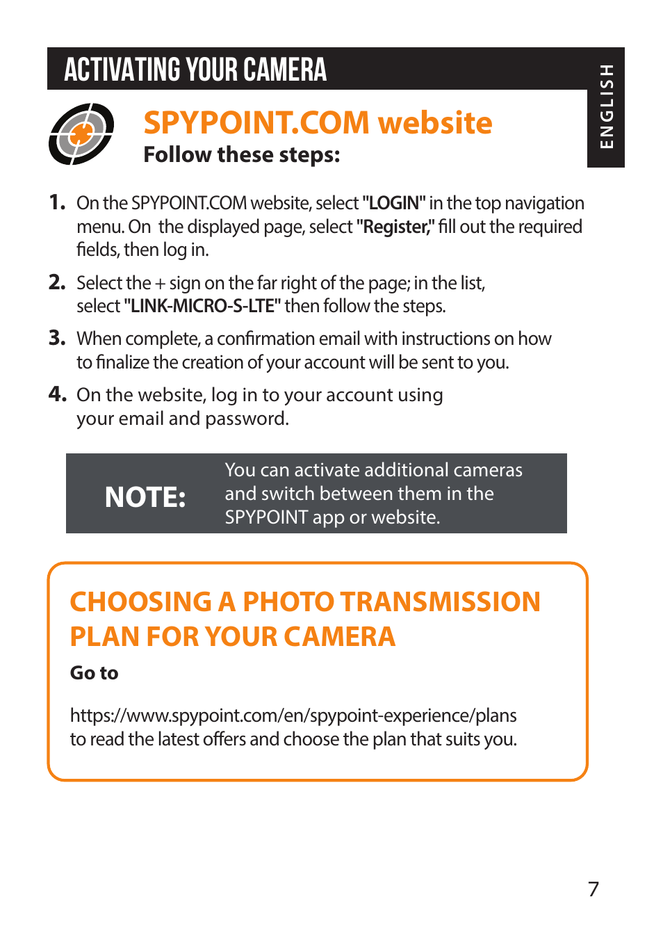 Activating your camera, Choosing a photo transmission plan for your camera | SPYPOINT LINK-MICRO-S-LTE Cellular Trail Camera (AT&T Data Plan) User Manual | Page 7 / 12