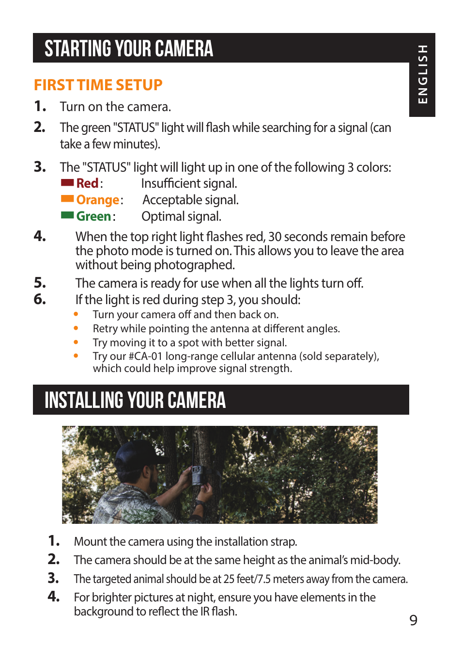 Starting your camera, Installing your camera | SPYPOINT LINK-MICRO-S-LTE Cellular Trail Camera (AT&T Data Plan) User Manual | Page 9 / 12