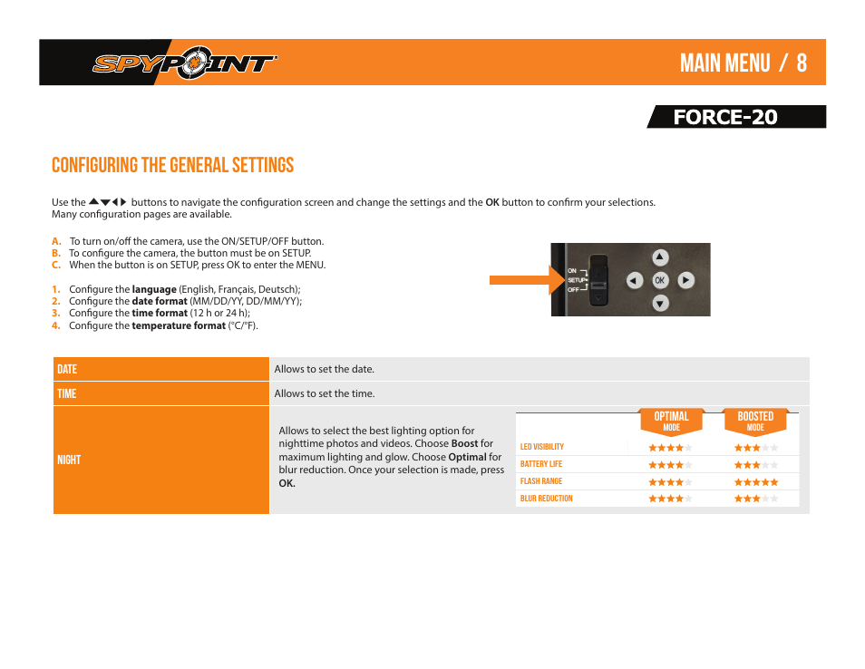 Main menu / 8, Configuring the general settings | SPYPOINT Force-20 Trail Camera (Brown) User Manual | Page 10 / 17