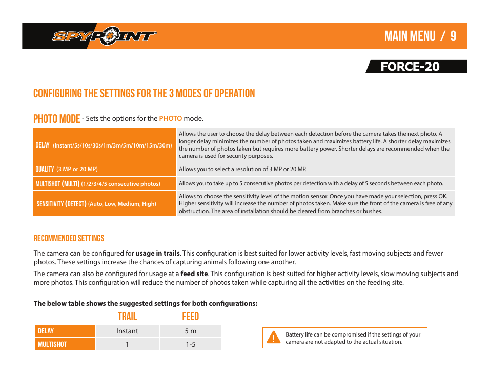 Main menu / 9, Photo mode, Trail feed | SPYPOINT Force-20 Trail Camera (Brown) User Manual | Page 11 / 17