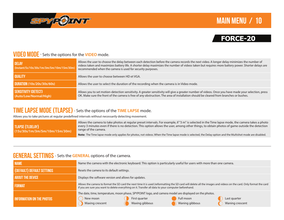 Main menu / 10, Video mode, Time lapse mode ( tlapse ) | General settings | SPYPOINT Force-20 Trail Camera (Brown) User Manual | Page 12 / 17