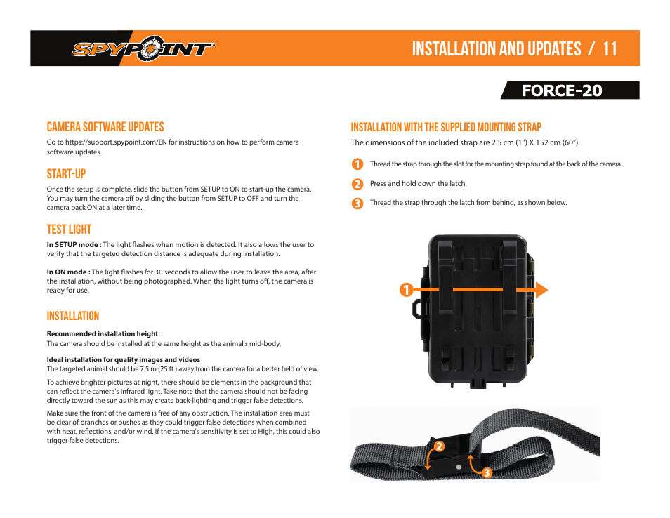 Installation and updates / 11, Camera software updates, Start-up | Test light, Installation with the supplied mounting strap, Installation | SPYPOINT Force-20 Trail Camera (Brown) User Manual | Page 13 / 17