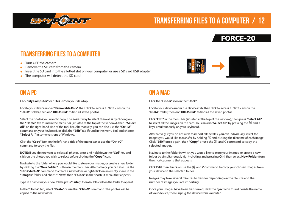 Transferring files to a computer / 12, Transferring files to a computer, On a pc | On a mac | SPYPOINT Force-20 Trail Camera (Brown) User Manual | Page 14 / 17