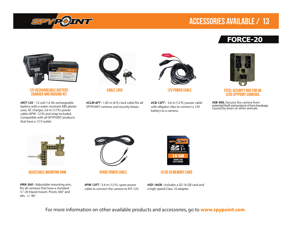 Accessories available / 13 | SPYPOINT Force-20 Trail Camera (Brown) User Manual | Page 15 / 17