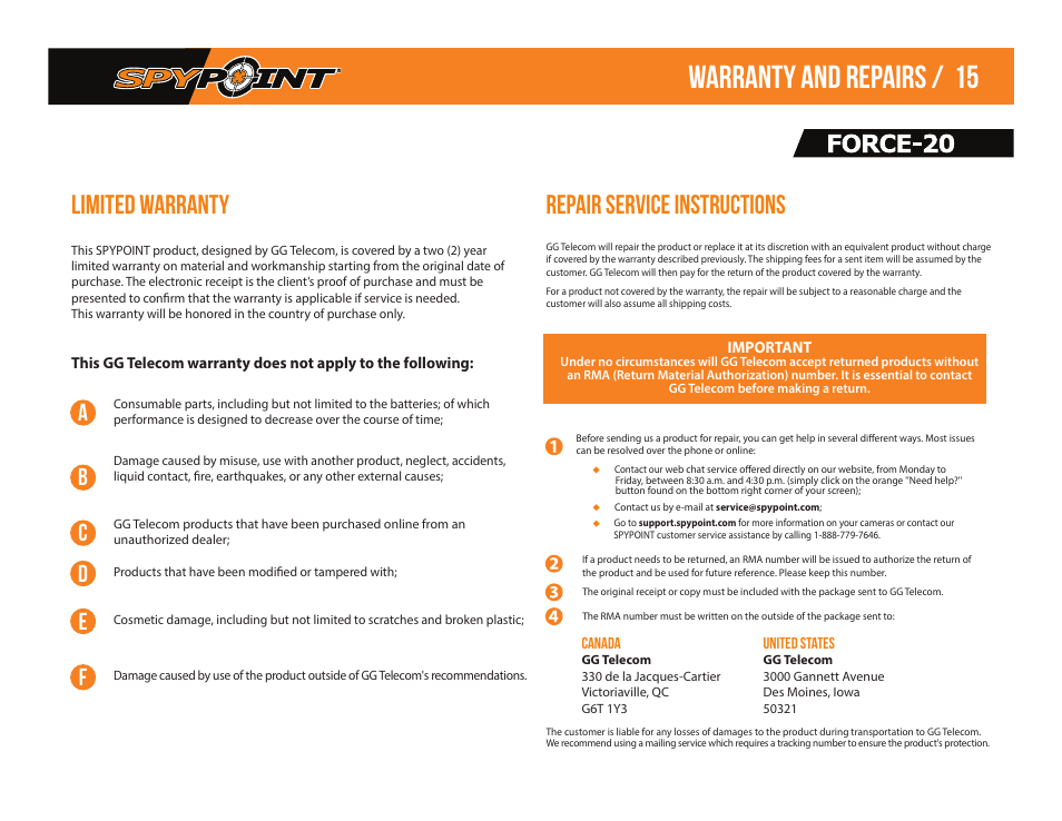 Warranty and repairs / 15, Limited warranty, Repair service instructions | SPYPOINT Force-20 Trail Camera (Brown) User Manual | Page 17 / 17