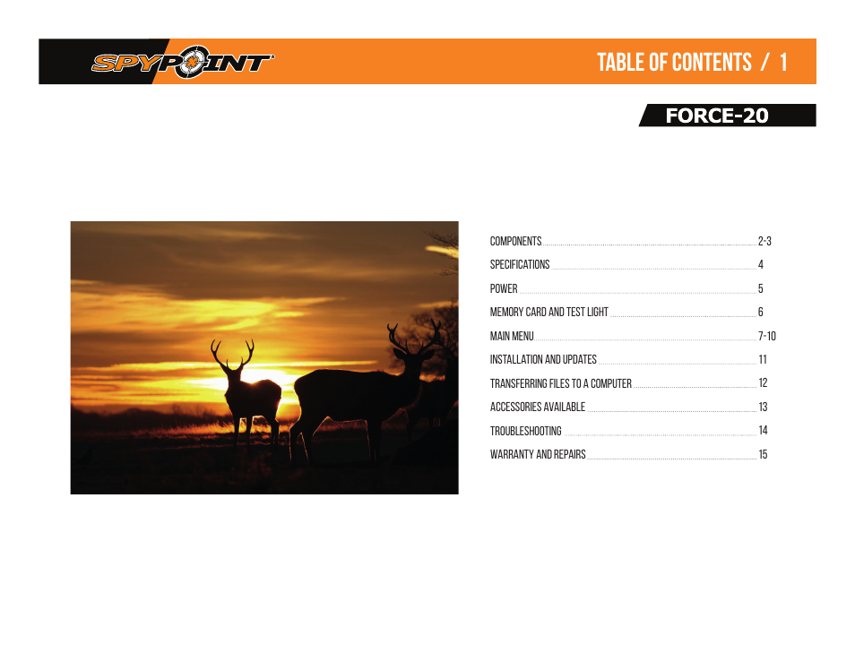 Table of contents / 1 | SPYPOINT Force-20 Trail Camera (Brown) User Manual | Page 3 / 17