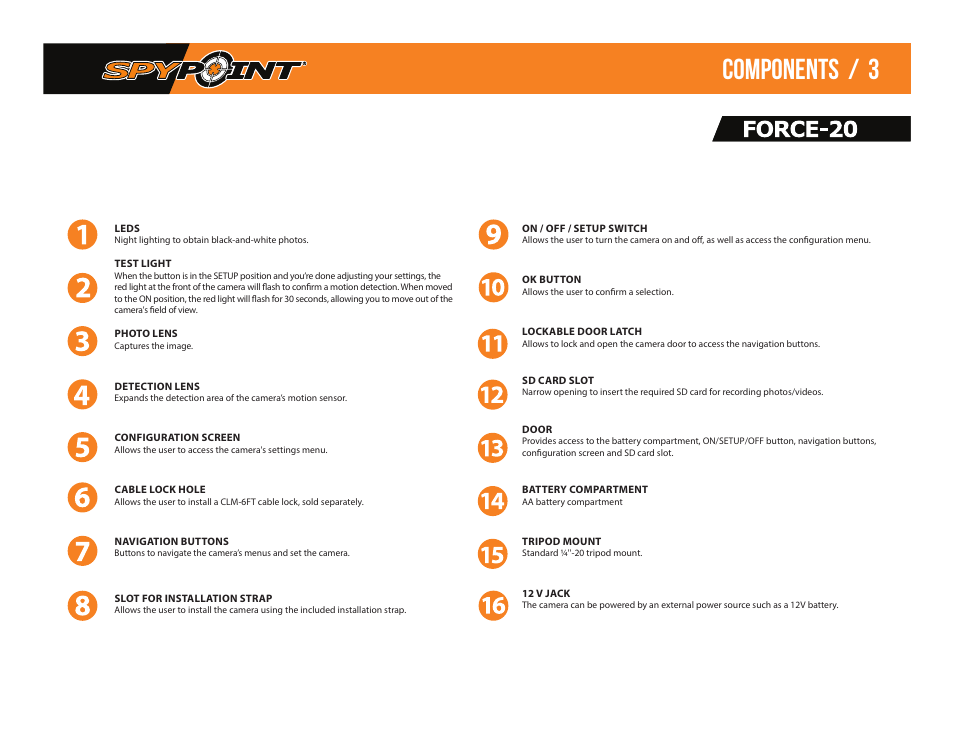 Components / 3 | SPYPOINT Force-20 Trail Camera (Brown) User Manual | Page 5 / 17