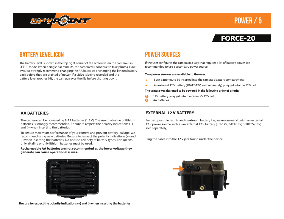 Power / 5, Power sources, Battery level icon | SPYPOINT Force-20 Trail Camera (Brown) User Manual | Page 7 / 17
