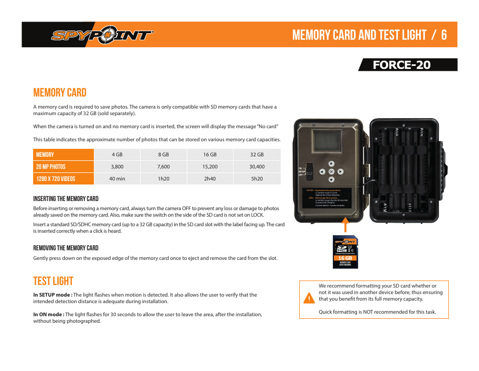 SPYPOINT Force-20 Trail Camera (Brown) User Manual | Page 8 / 17