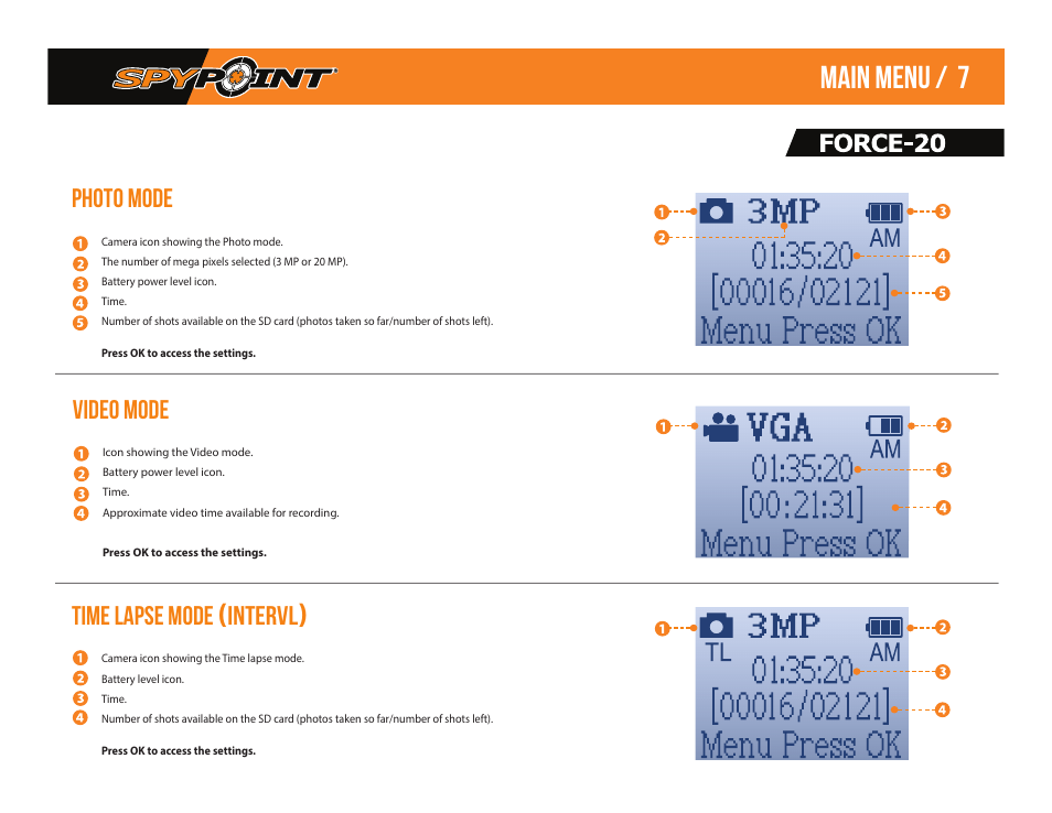 Main menu / 7, Video mode, Time lapse mode | Intervl, Photo mode | SPYPOINT Force-20 Trail Camera (Brown) User Manual | Page 9 / 17