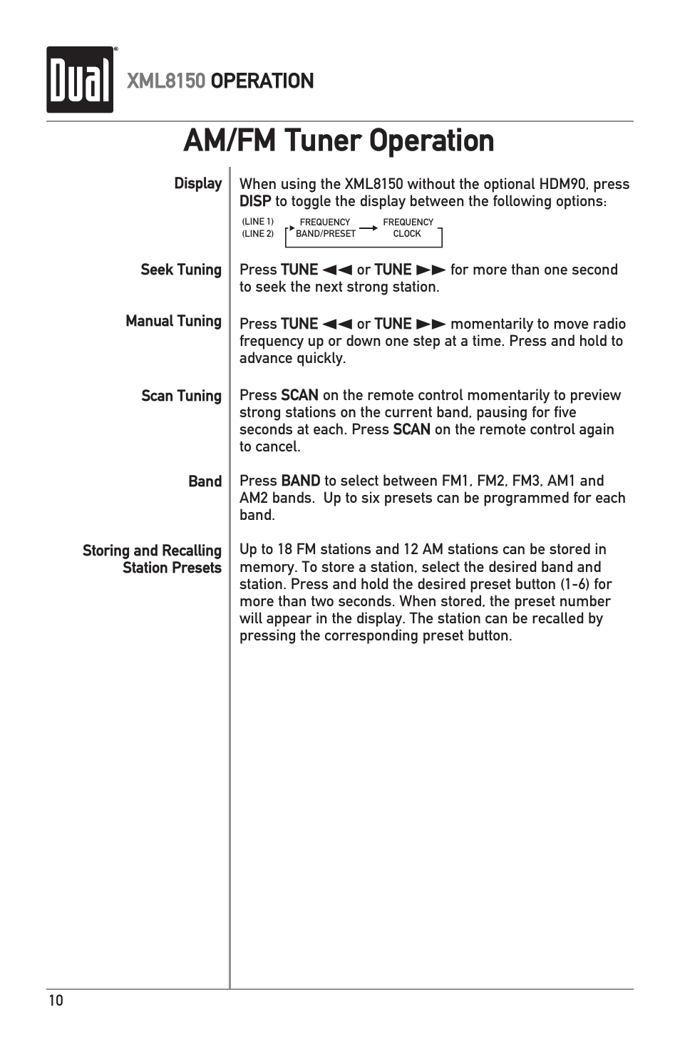 Am/fm tuner operation, Xml8150 operation | Dual XML8150 User Manual | Page 10 / 32