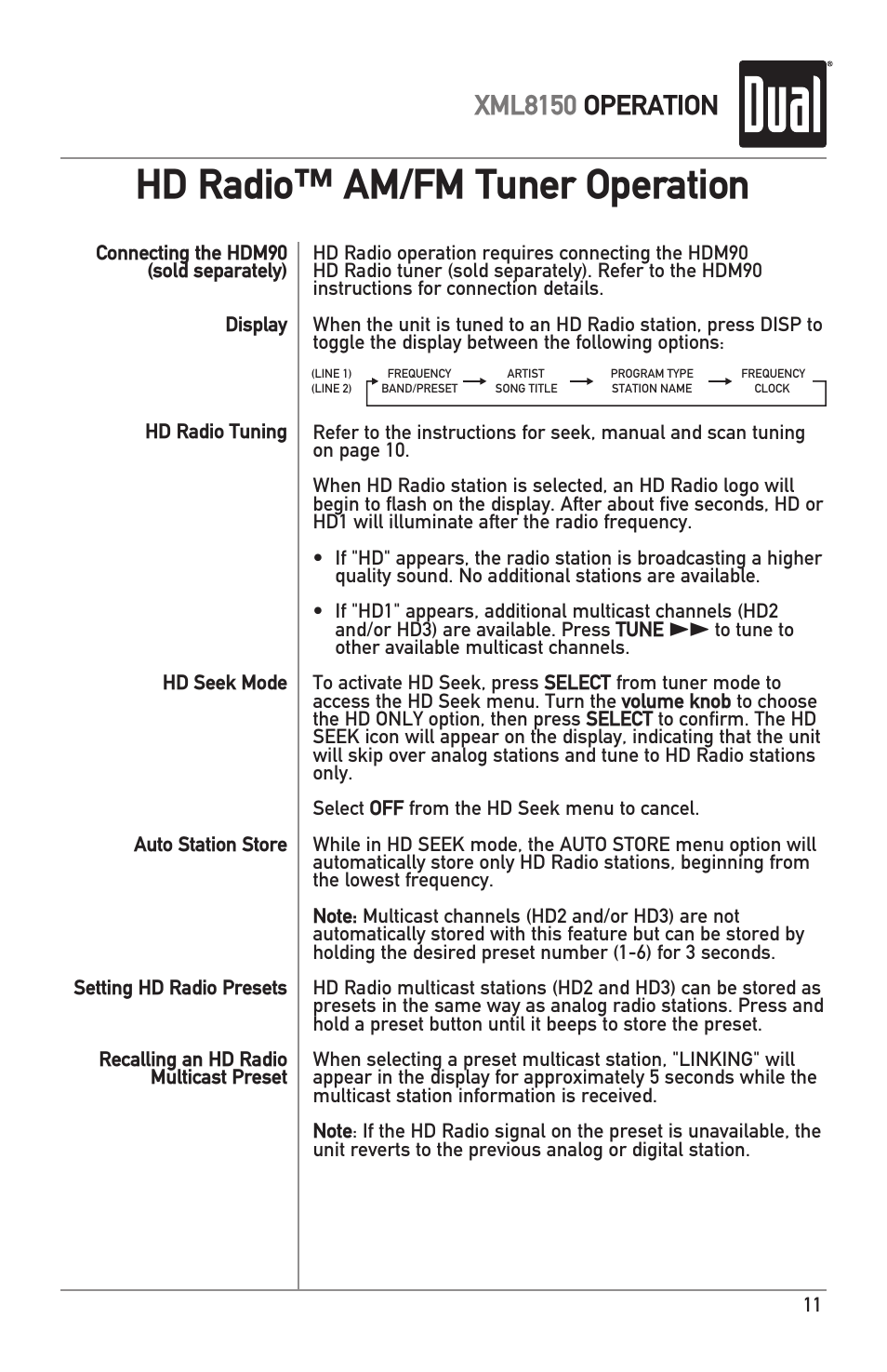 Hd radio™ am/fm tuner operation, Xml8150 operation | Dual XML8150 User Manual | Page 11 / 32