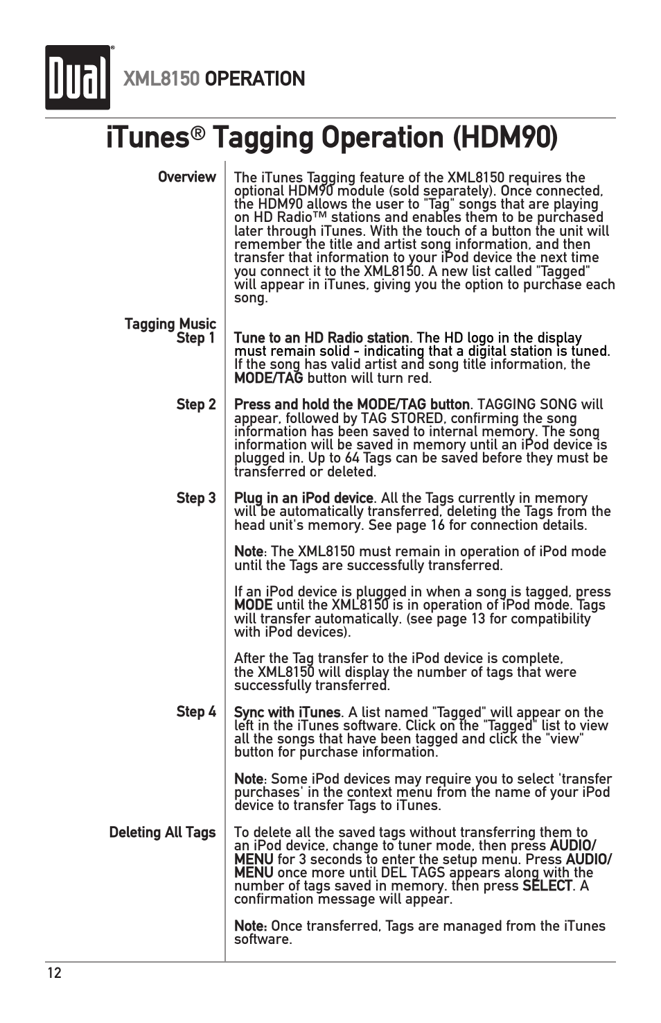 Itunes, Tagging operation (hdm90), Xml8150 operation | Dual XML8150 User Manual | Page 12 / 32