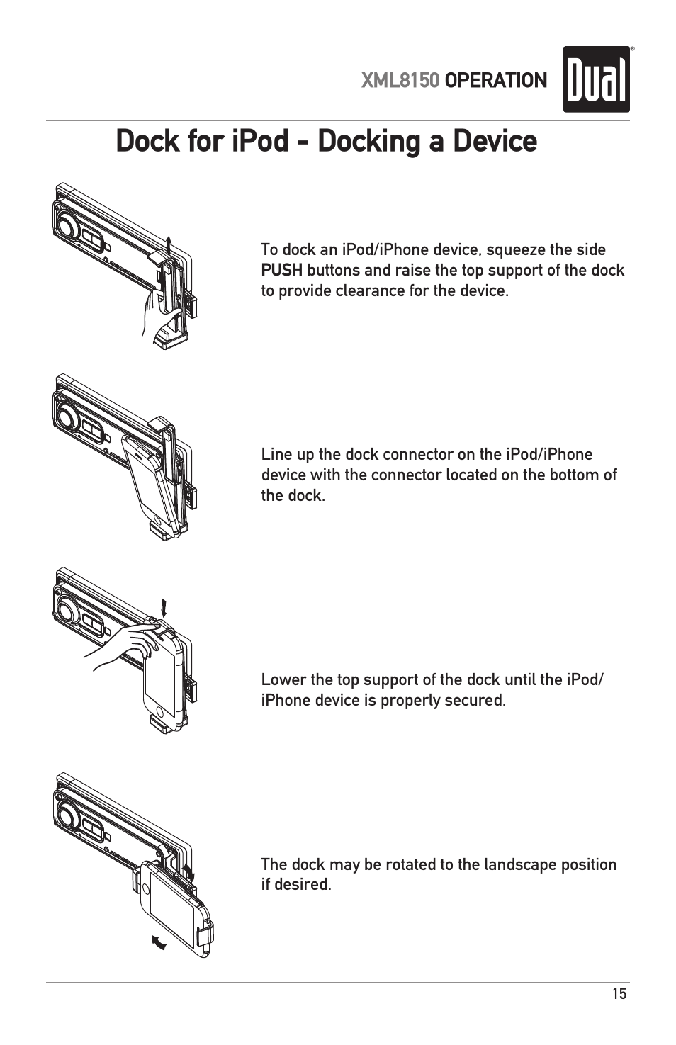 Dock for ipod - docking a device | Dual XML8150 User Manual | Page 15 / 32