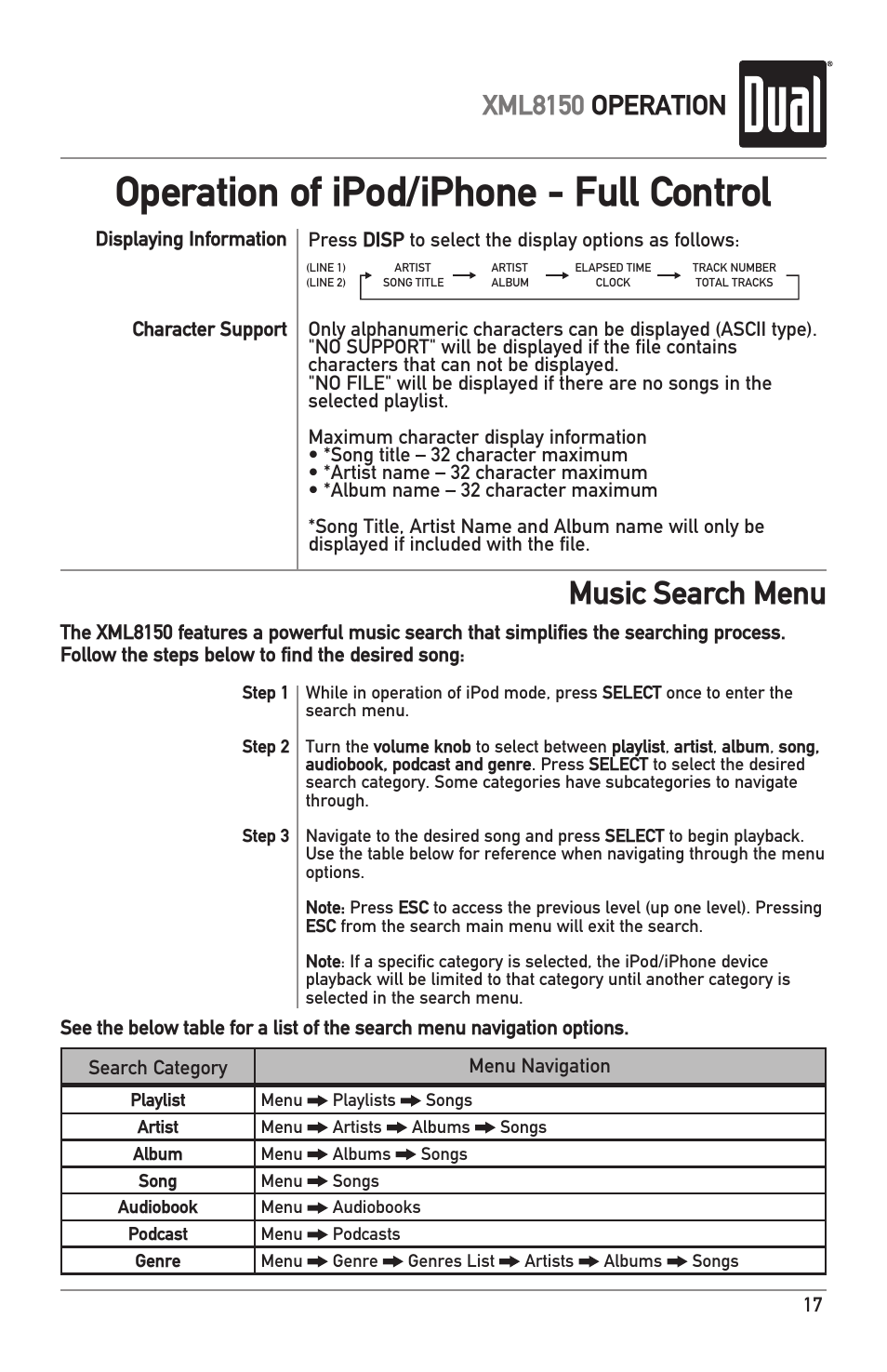 Operation of ipod/iphone - full control, Music search menu, Xml8150 operation | Dual XML8150 User Manual | Page 17 / 32