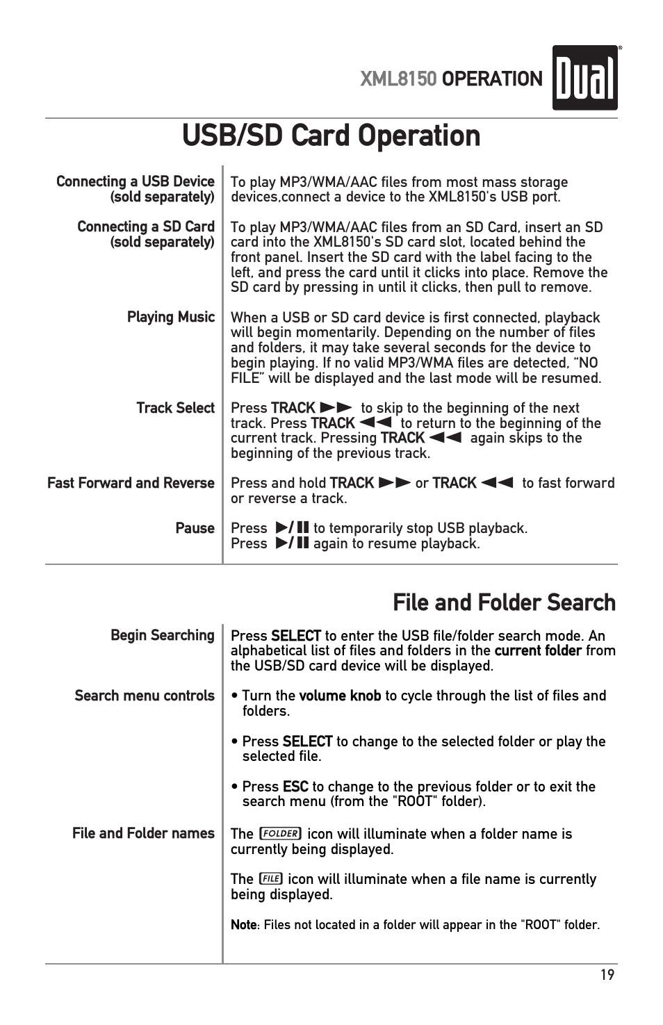 Usb/sd card operation, File and folder search | Dual XML8150 User Manual | Page 19 / 32