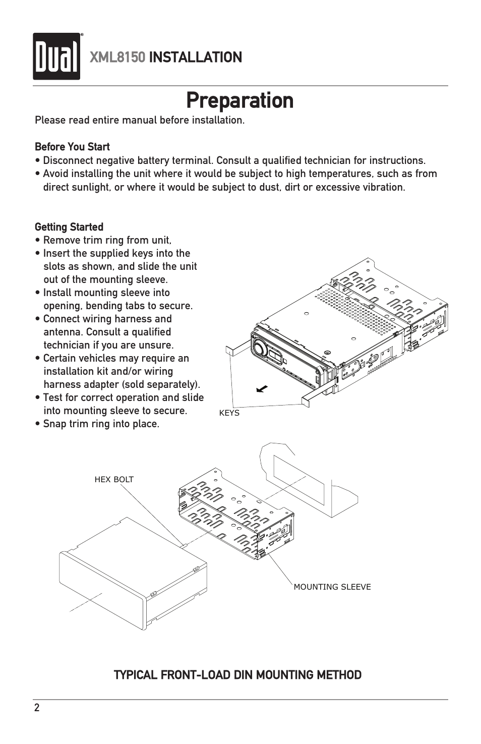 Preparation, Xml8150 installation | Dual XML8150 User Manual | Page 2 / 32