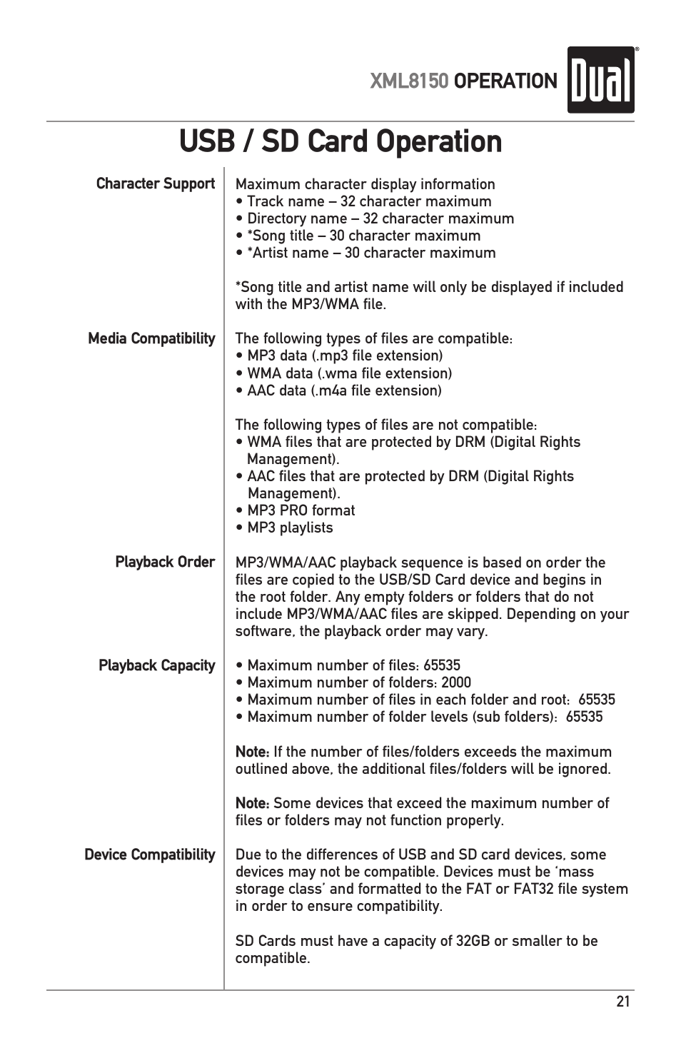 Usb / sd card operation, Xml8150 operation | Dual XML8150 User Manual | Page 21 / 32