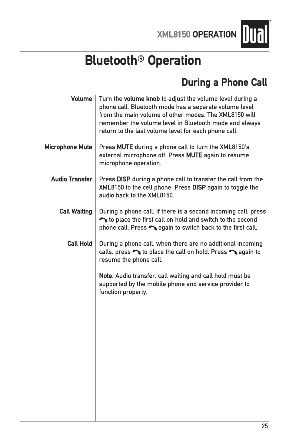 Bluetooth, Operation, During a phone call | Xml8150 operation | Dual XML8150 User Manual | Page 25 / 32