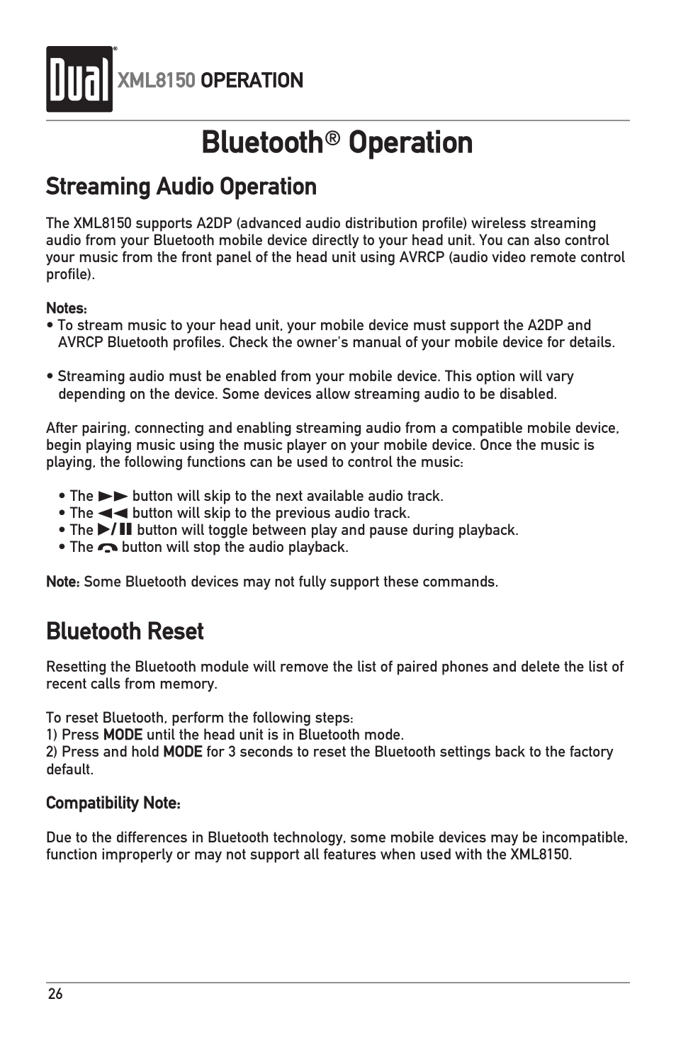 Bluetooth, Operation, Streaming audio operation bluetooth reset | Dual XML8150 User Manual | Page 26 / 32