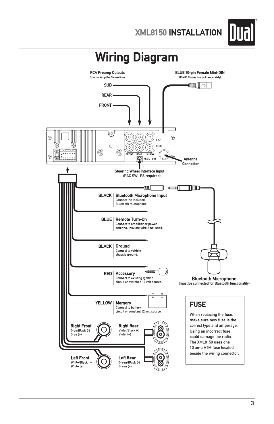 Wiring diagram, Xml8150 installation, Fuse | Dual XML8150 User Manual | Page 3 / 32