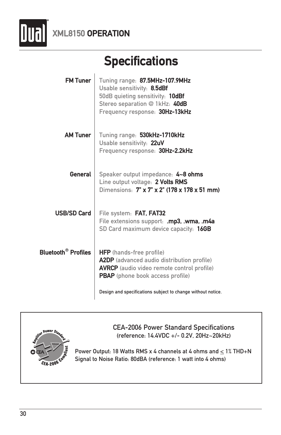 Specifications, Xml8150 operation | Dual XML8150 User Manual | Page 30 / 32