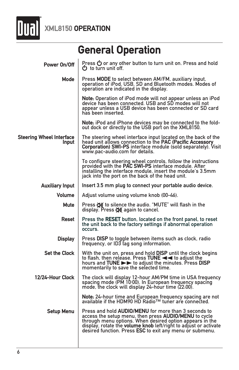 General operation, Xml8150 operation | Dual XML8150 User Manual | Page 6 / 32