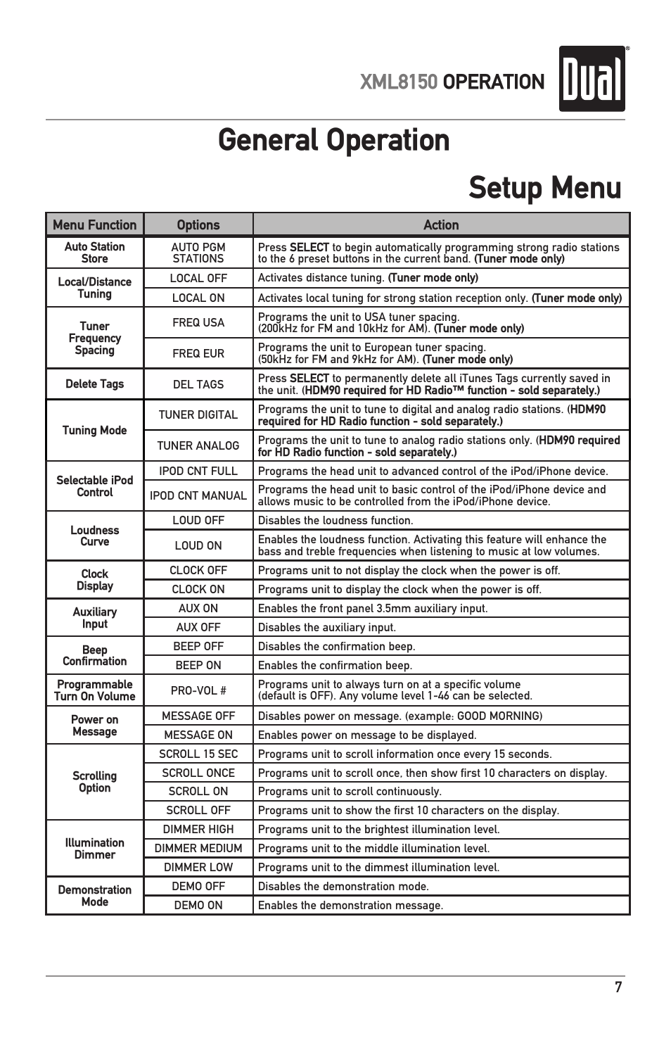 General operation setup menu, Xml8150 operation | Dual XML8150 User Manual | Page 7 / 32