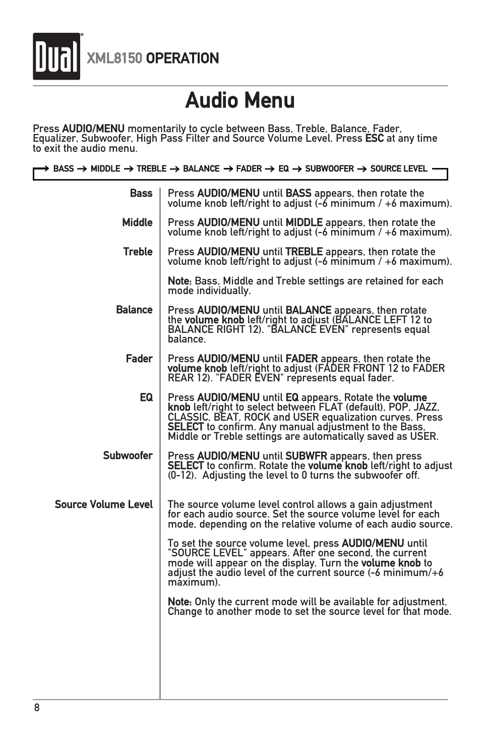 Audio menu, Xml8150 operation | Dual XML8150 User Manual | Page 8 / 32