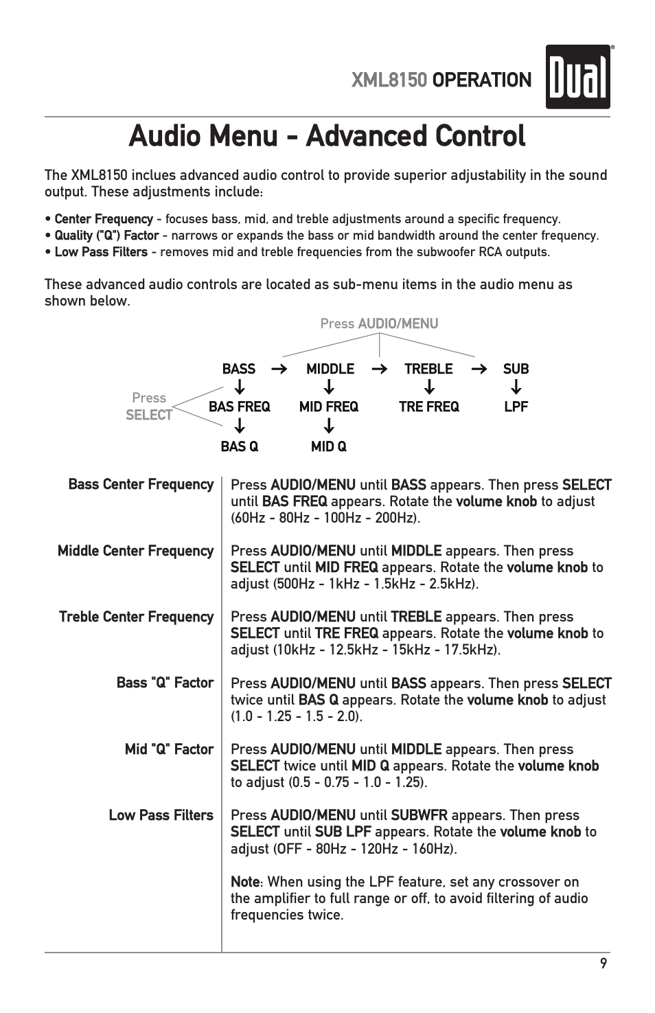 Audio menu - advanced control, Xml8150 operation | Dual XML8150 User Manual | Page 9 / 32