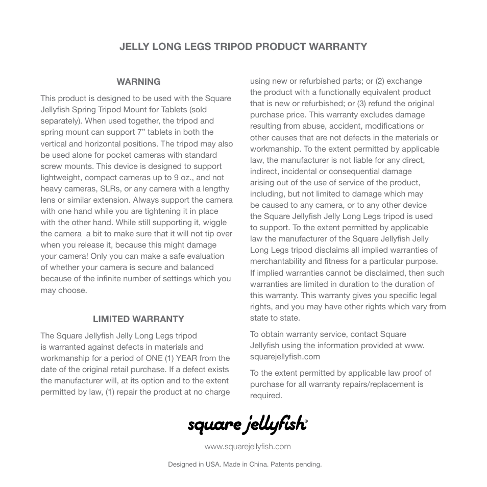 Square Jellyfish Jelly Long Legs Tripod User Manual | Page 2 / 2
