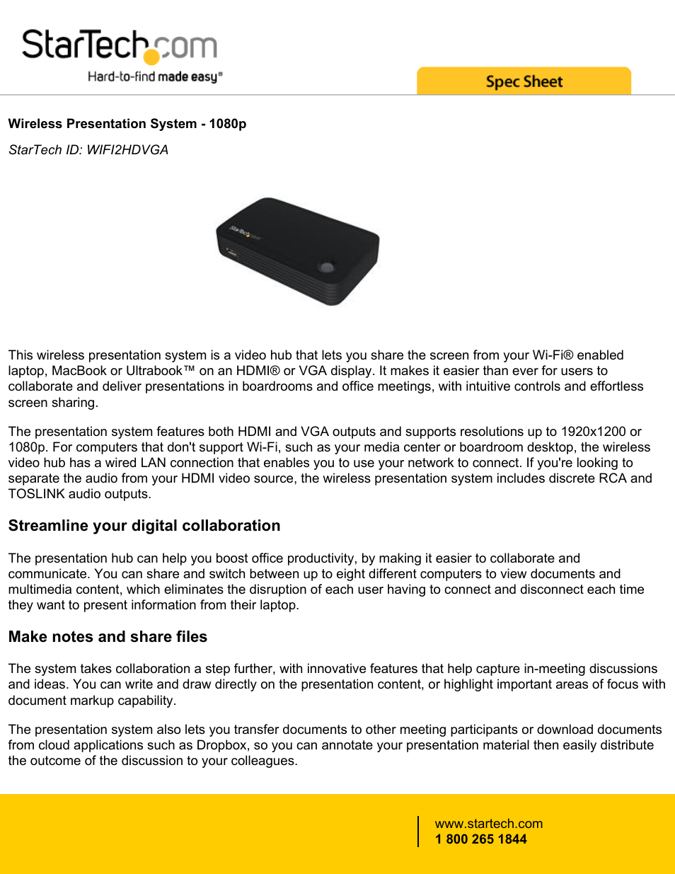 StarTech.com WIFI2HDVGA 1080p Wireless Presentation and Collaboration System User Manual | 4 pages