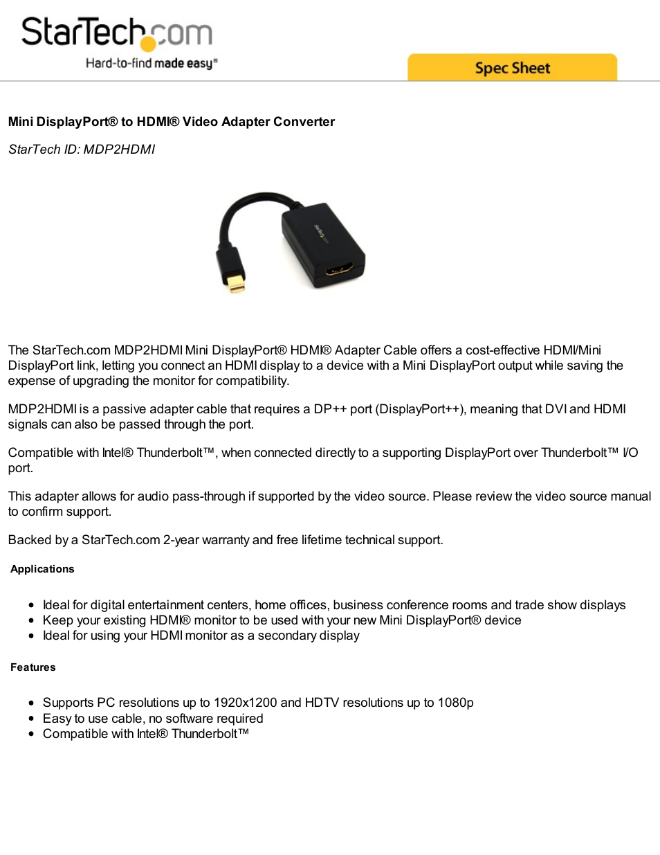 StarTech.com Mini DisplayPort to HDMI Video Adapter Converter User Manual | 2 pages