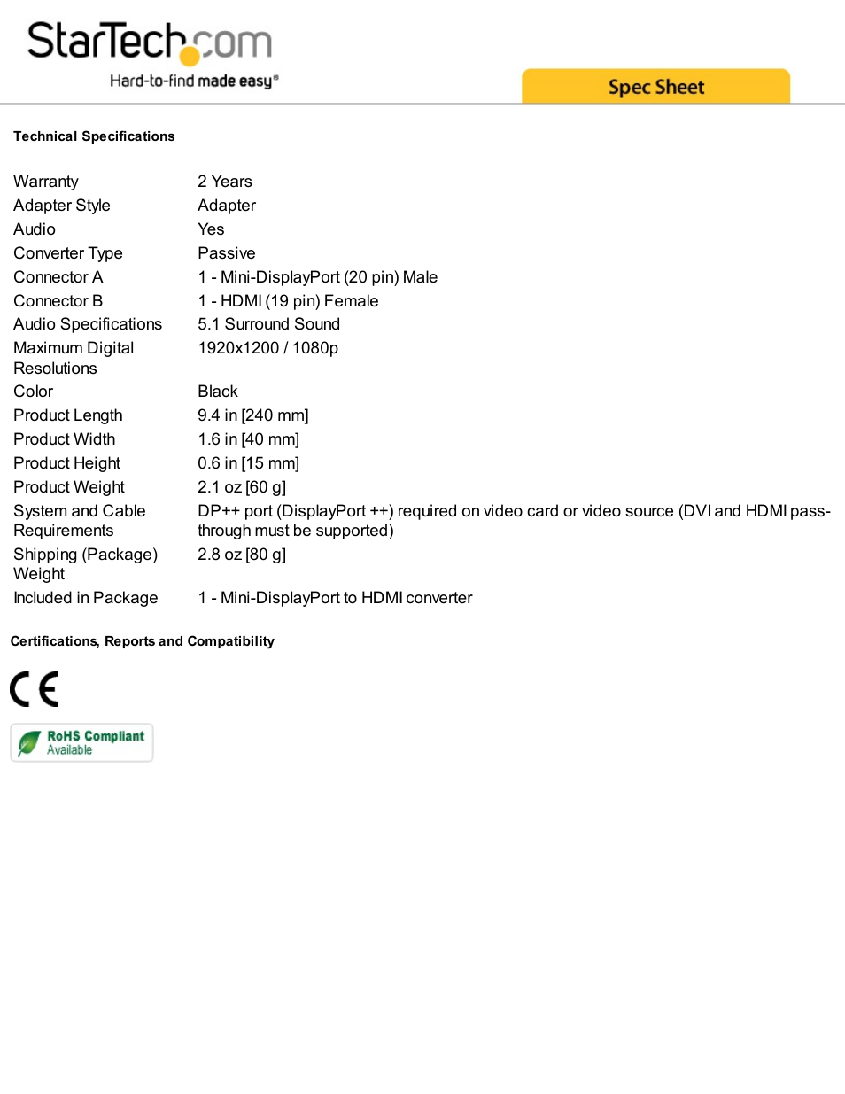 StarTech.com Mini DisplayPort to HDMI Video Adapter Converter User Manual | Page 2 / 2